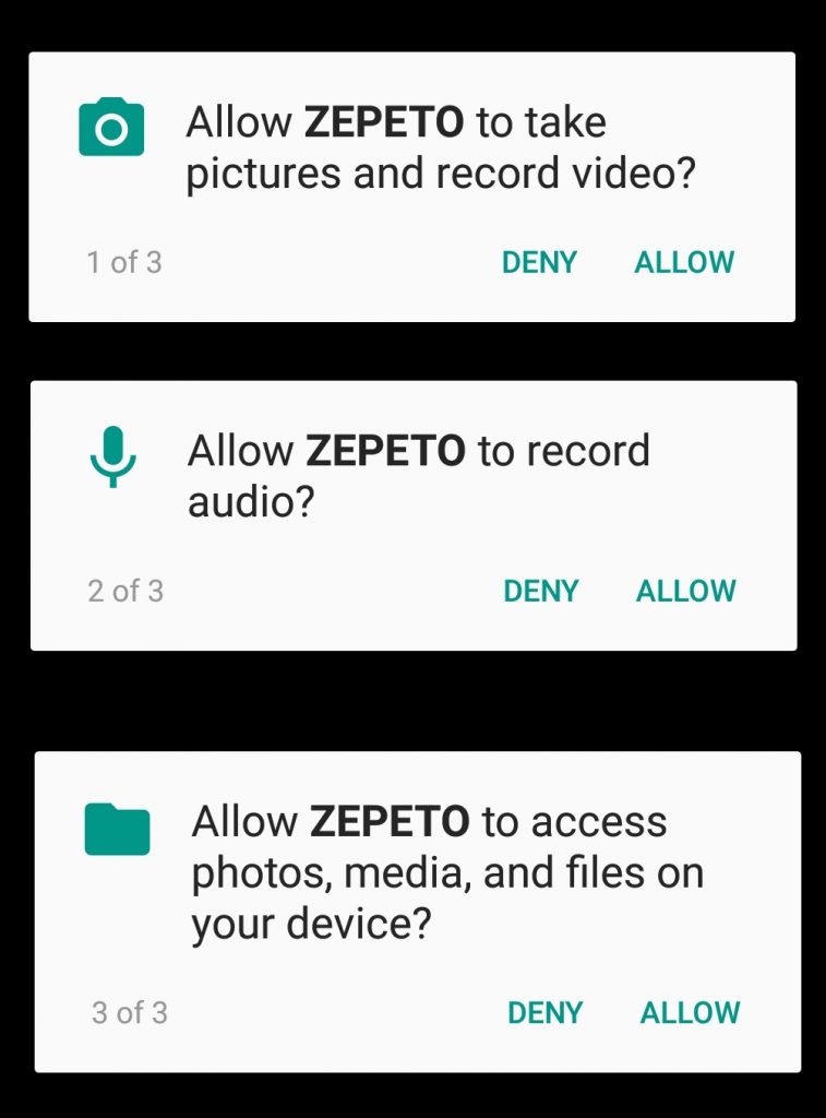 ZEPETO จะขอ permission เข้าถึงกล้อง ไมโครโฟน และไฟล์รูปในเครื่อง